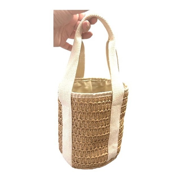 Woven Straw Bucket Bag Beige Mini Handbag Purse Small Wicker Tote - Picture 1 of 8
